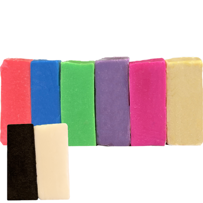 Soap Dough Co. - Burst Kit - Wall of purple, neon orange, yellow, blue, neon pink, green with black and white accent colors.