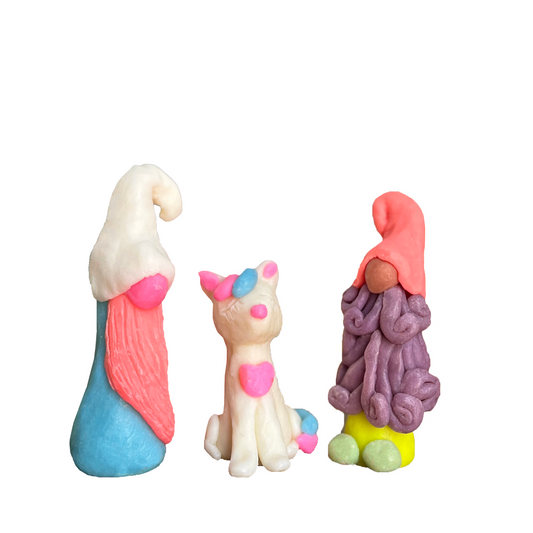 Soap Dough Pastel Kit - two soap dough gnomes with fun, colorful beards; soap dough pastel cat sitting between gnomes.