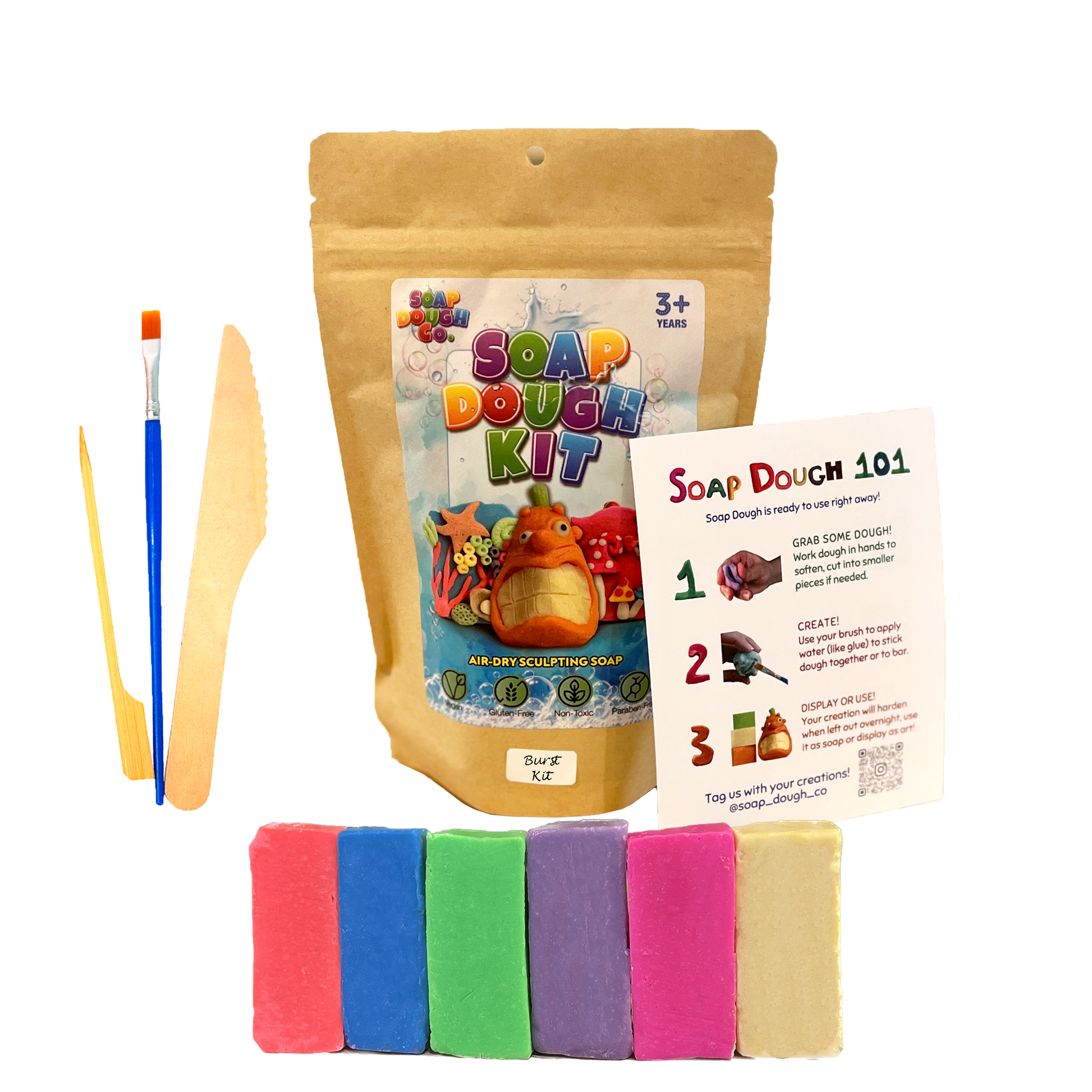 Soap Dough Co. - Burst Kit - Wall of purple, neon orange, yellow, blue, neon pink, and green with eco-bag, tools, and instructions