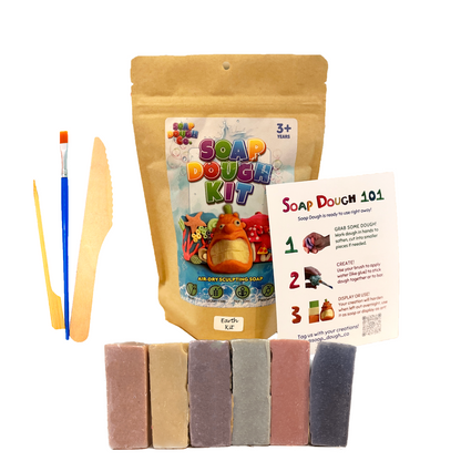 Soap Dough Co. - Earth Kit - Wall of sienna brown, desert green, dark purple, brown/orange, salmon pink, and gold with eco-bag, tools, and instructions.